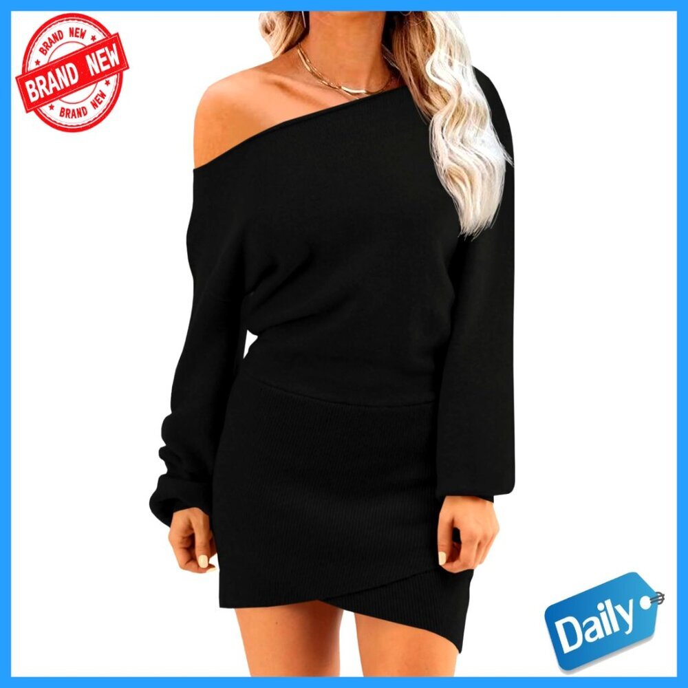 Off Shoulder Sweater Dress Long Sleeve Knit Slim Fit Mini Casual Pullover